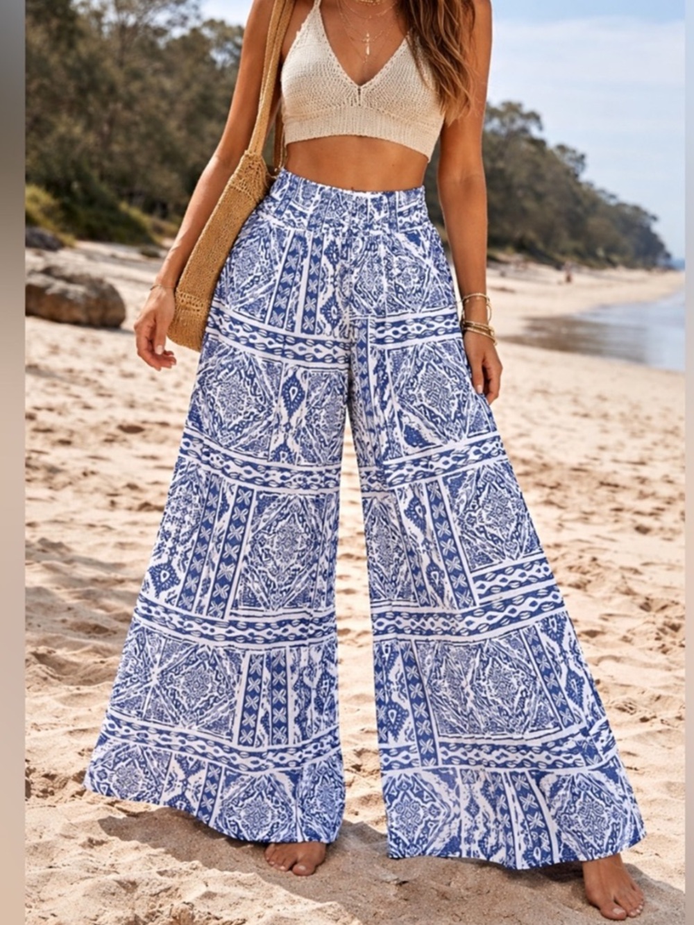 Beach Boho Wide-Leg Palazzo Pants - Blue & White Print